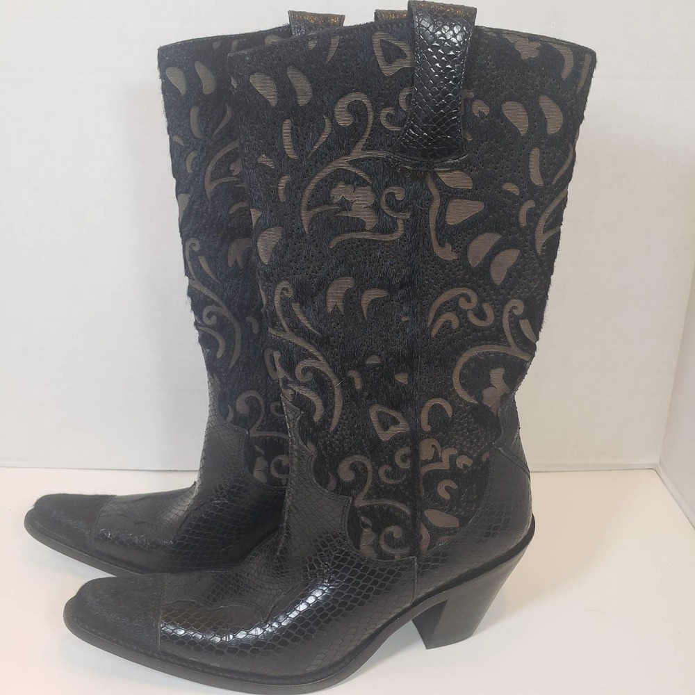 Antonio Melani Justine Black Boot 6 Calf Pony Fur Snake Laser Cut Point Toe